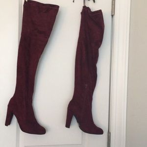 Maroon thigh high heeled boots